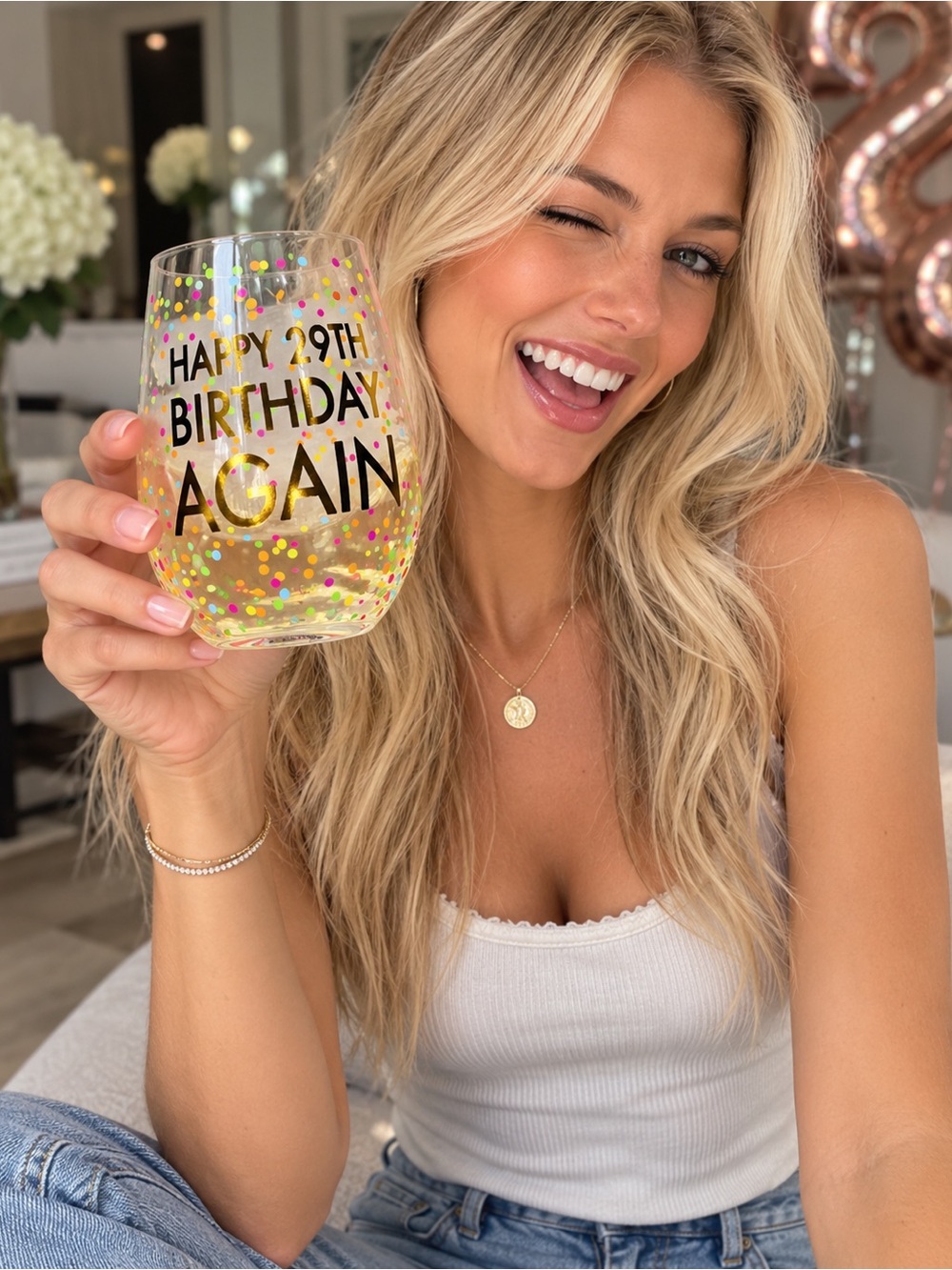 Stemless Wine Glass - Happy 29th Birthday Again (Gold & Multicolor)